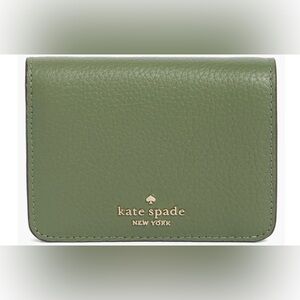 NWT kate spade Green Bifold Leather Card Holder with Gold Logo